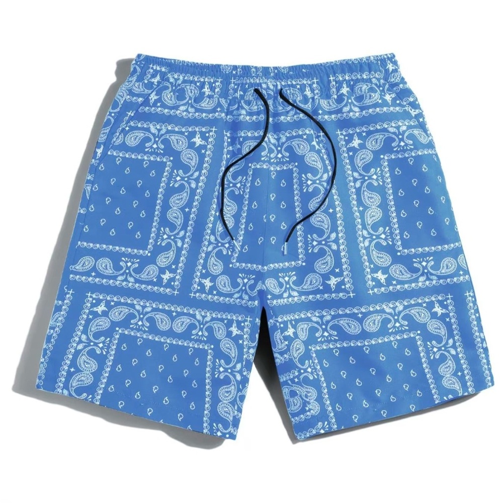 Blue and Black Athletic Swim Shorts with Unique Bandana Design